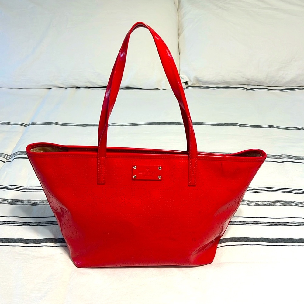 Kate Spade Red Patent Logo Perforated Tote